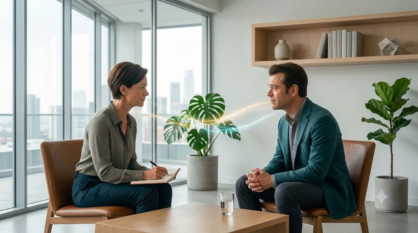 Sesión de coaching: una coach escucha y toma notas frente a su cliente