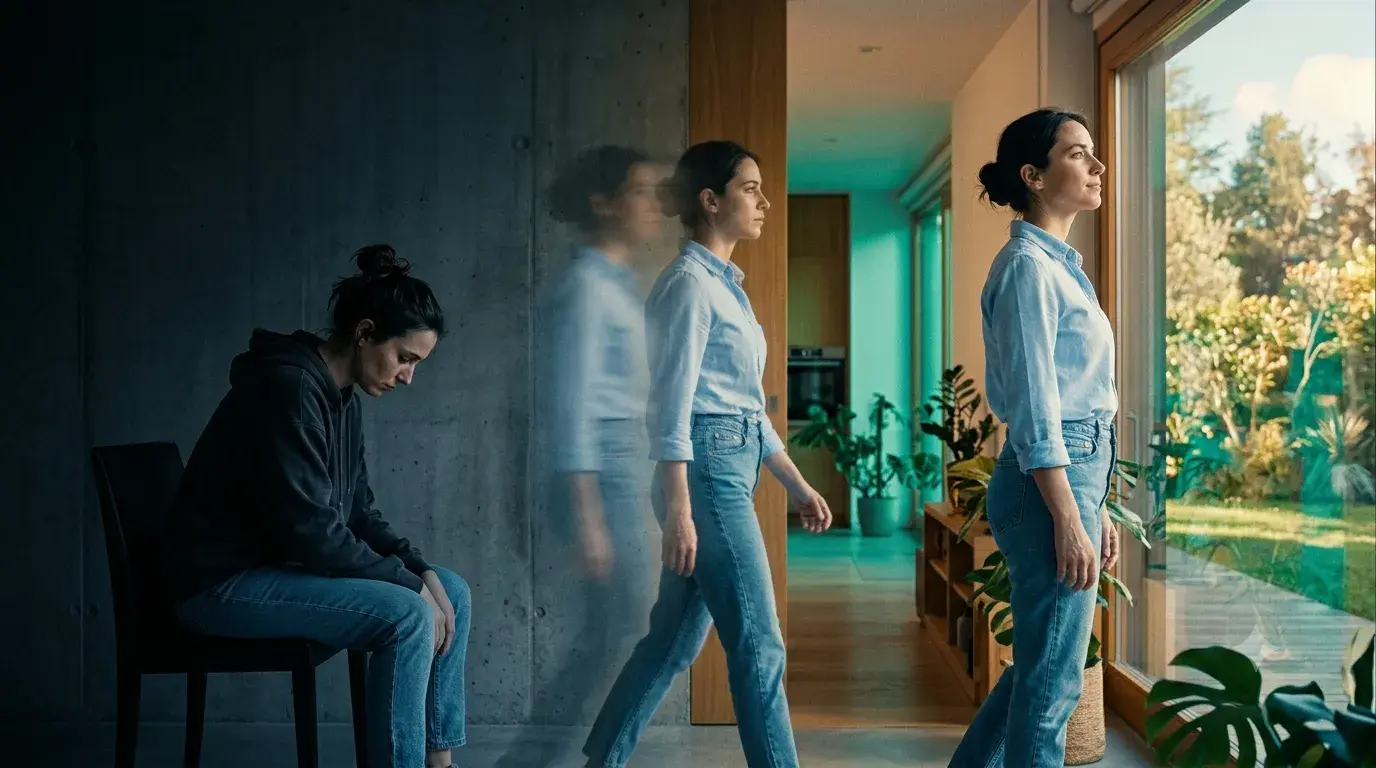 Experiencia Metamorfosis: la misma persona pasa de estar sentada y encogida a caminar erguida hacia la luz