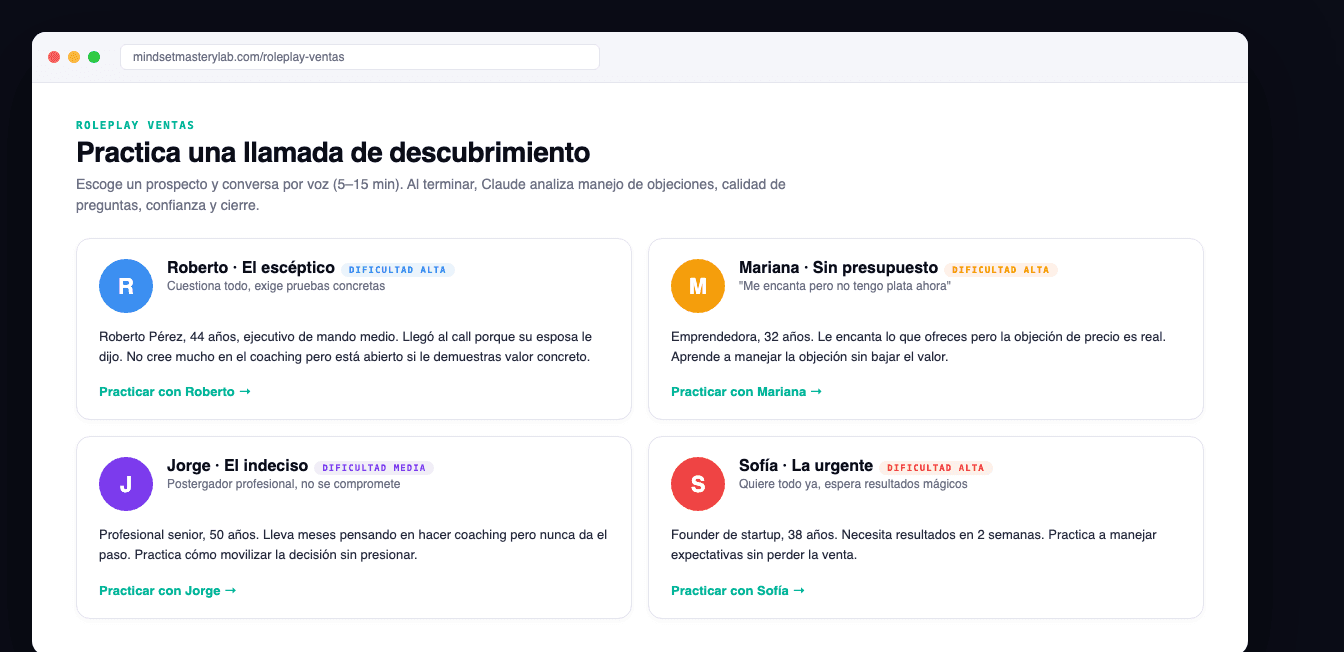 Catálogo de prospectos IA para roleplay de ventas: el escéptico, sin presupuesto, el indeciso y el urgente