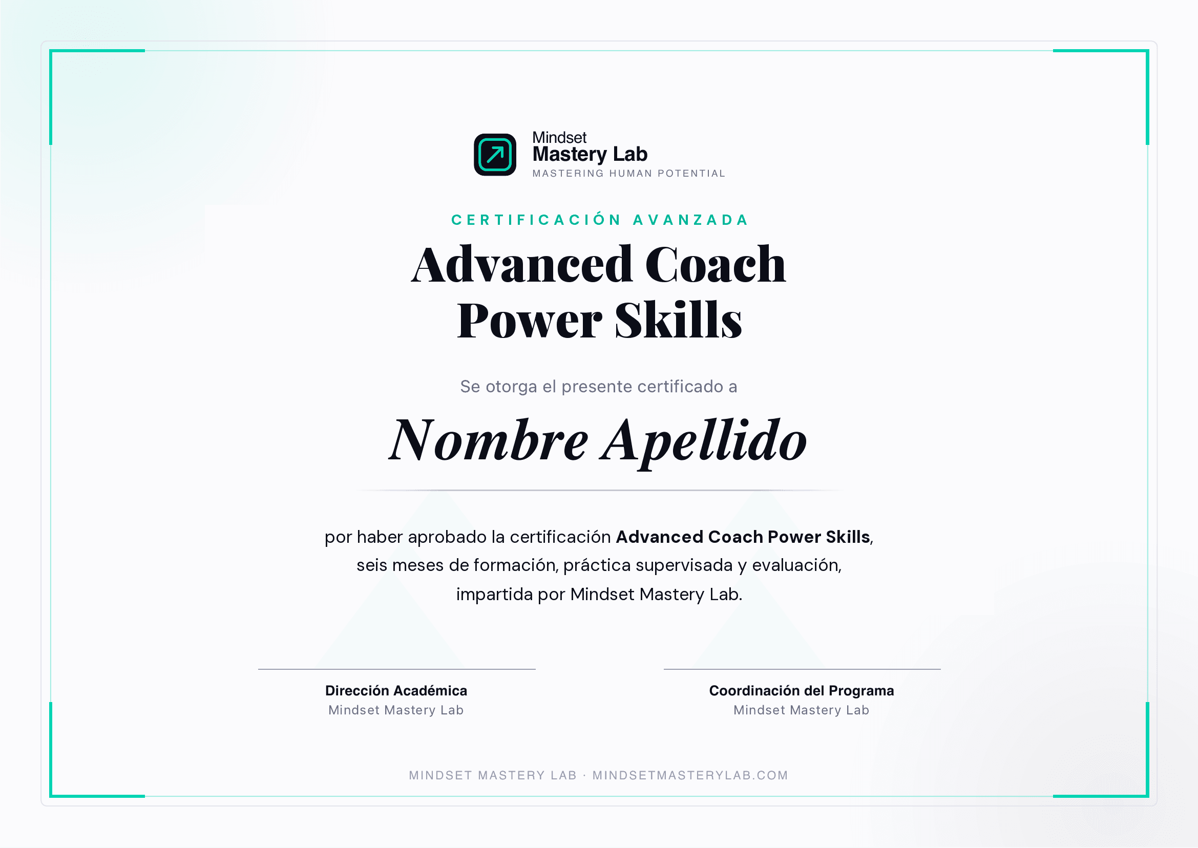 Certificado Advanced Coach Power Skills, emitido por Mindset Mastery Lab